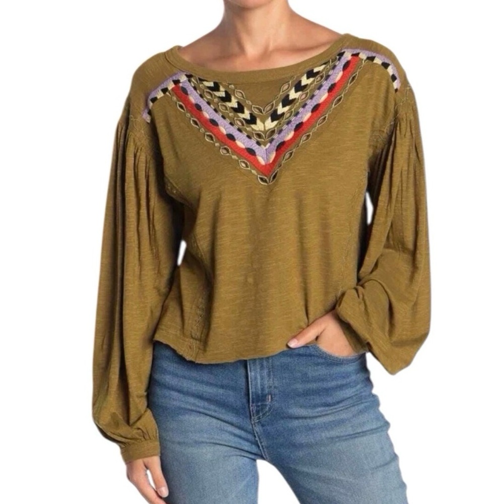Free People Hand Me Down Boho Moss Green Embroidered Balloon Sleeve Crop Top L/S
